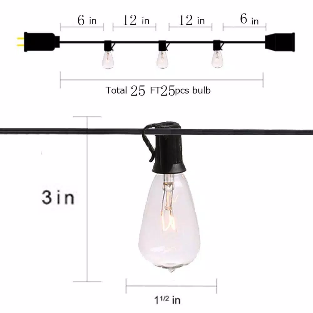 Christmas Lights ALEKO 25 Ft. 25-Light Warm White Incandescent Round Bulb Outdoor/Indoor Traditional Weatherproof Patio String Cafe Lights 7 Christmas Lights ALEKO 25 Ft. 25-Light Warm White Incandescent Round Bulb Outdoor/Indoor Traditional Weatherproof Patio String Cafe Lights - Image 7
