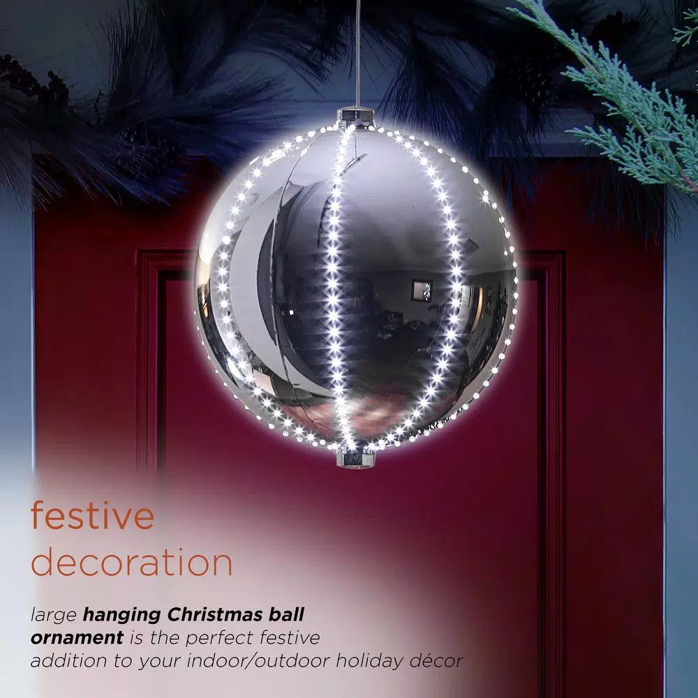 Christmas Tree Decorations Alpine Corporation 13 In. Tall Large Hanging Christmas Ball Ornament With LED Lights, Silver 4 Christmas Tree Decorations Alpine Corporation 13 In. Tall Large Hanging Christmas Ball Ornament With LED Lights, Silver - Image 4