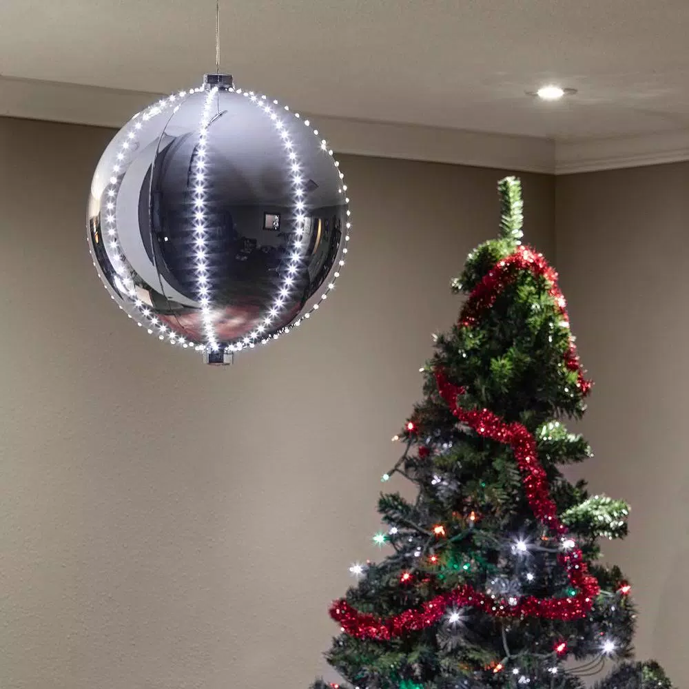 Christmas Tree Decorations Alpine Corporation 13 In. Tall Large Hanging Christmas Ball Ornament With LED Lights, Silver 2 Christmas Tree Decorations Alpine Corporation 13 In. Tall Large Hanging Christmas Ball Ornament With LED Lights, Silver - Image 2
