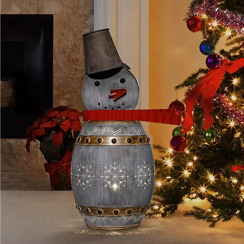 Outdoor Christmas Decorations Alpine Corporation 30 In. Tall Weathered Barrel Snowman With Warm White LED Lights 2 Outdoor Christmas Decorations Alpine Corporation 30 In. Tall Weathered Barrel Snowman With Warm White LED Lights - Image 2