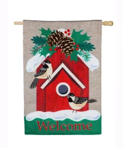 Outdoor Christmas Decorations Evergreen 28 In. X 44 In. Holiday Chickadee Birdhouse House Burlap Flag