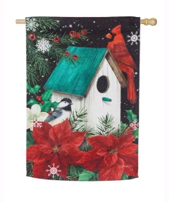 Outdoor Christmas Decorations Evergreen 28 In. X 44 In. Poinsettia Birdhouse House Textured Suede Flag