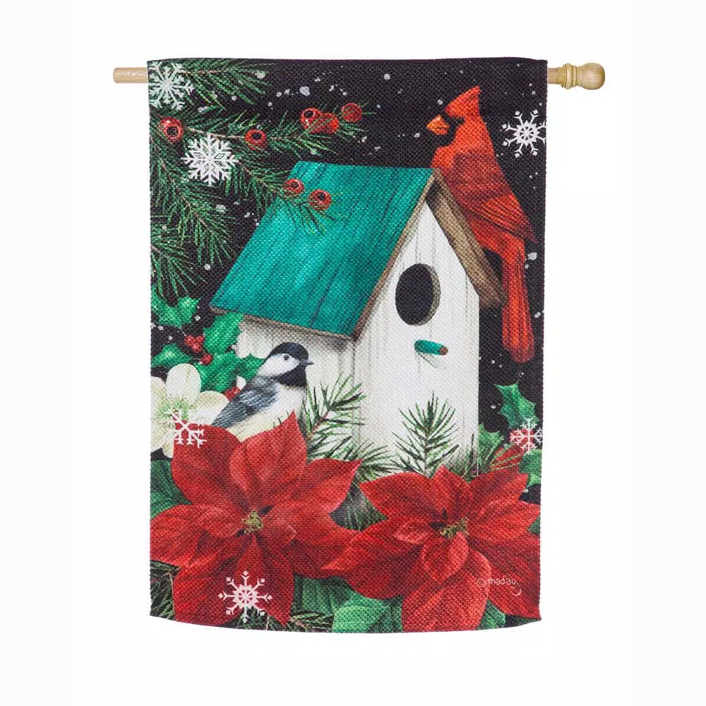 Outdoor Christmas Decorations Evergreen 28 In. X 44 In. Poinsettia Birdhouse House Textured Suede Flag 1 Outdoor Christmas Decorations Evergreen 28 In. X 44 In. Poinsettia Birdhouse House Textured Suede Flag