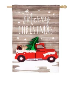 Outdoor Christmas Decorations Evergreen 28 In. X 44 In. Vintage Christmas Truck House Linen Flag