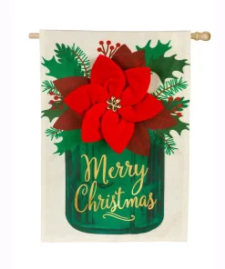 Outdoor Christmas Decorations Evergreen 28 In. X 44 In. Poinsettia Mason Jar House Linen Flag