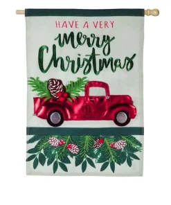 Outdoor Christmas Decorations Evergreen 28 In. X 44 In. Holiday Red Truck House Linen Flag