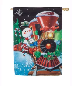 Outdoor Christmas Decorations Evergreen 28 In. X 44 In. Snowflake Express House Suede Flag