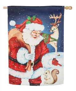 Outdoor Christmas Decorations Evergreen 28 In. X 44 In. Santa And Friends House Suede Flag