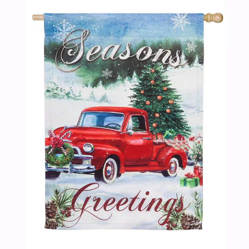 Outdoor Christmas Decorations Evergreen 28 In. X 44 In. Christmas Farm Pickup House Suede Flag 1 Outdoor Christmas Decorations Evergreen 28 In. X 44 In. Christmas Farm Pickup House Suede Flag