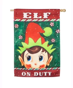 Outdoor Christmas Decorations Evergreen 28 In. X 44 In. Elf On Duty House Suede Flag