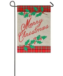 Outdoor Christmas Decorations Evergreen 18 In. X 12.5 In. Merry Christmas Plaid Garden Burlap Flag