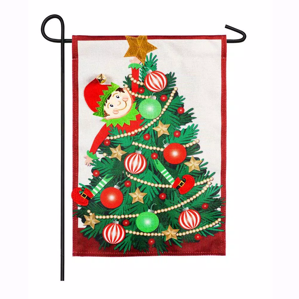 Outdoor Christmas Decorations Evergreen 18 In. X 12.5 In. Elf Trouble Garden Burlap Flag 1 Outdoor Christmas Decorations Evergreen 18 In. X 12.5 In. Elf Trouble Garden Burlap Flag