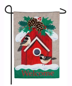 Outdoor Christmas Decorations Evergreen 18 In. X 12.5 In. Holiday Chickadee Birdhouse Garden Burlap Flag