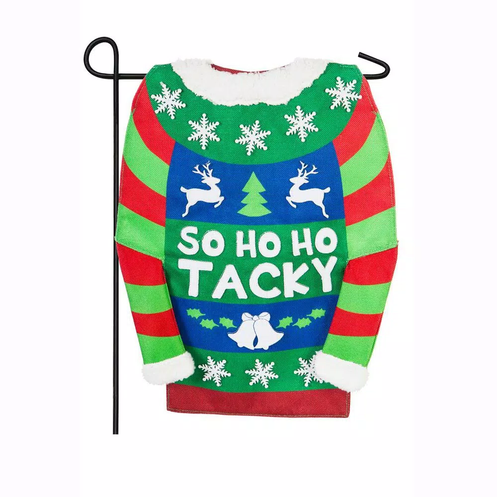 Outdoor Christmas Decorations Evergreen 18 In. X 12.5 In. Tacky Holiday Sweater Garden Burlap Flag 1 Outdoor Christmas Decorations Evergreen 18 In. X 12.5 In. Tacky Holiday Sweater Garden Burlap Flag