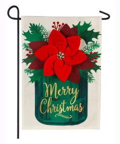 Outdoor Christmas Decorations Evergreen 18 In. X 12.5 In. Poinsettia Mason Jar Garden Linen Flag