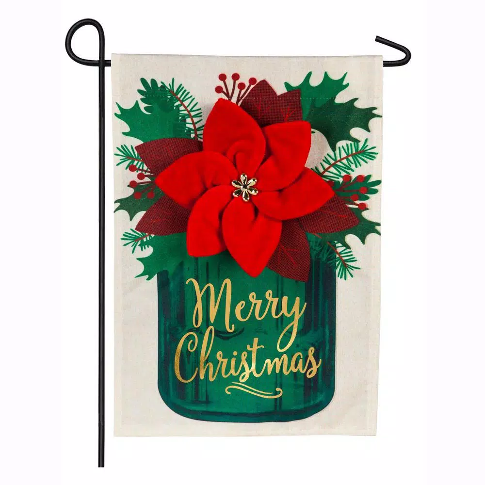 Outdoor Christmas Decorations Evergreen 18 In. X 12.5 In. Poinsettia Mason Jar Garden Linen Flag 1 Outdoor Christmas Decorations Evergreen 18 In. X 12.5 In. Poinsettia Mason Jar Garden Linen Flag