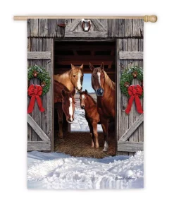 Outdoor Christmas Decorations Evergreen 18 In. X 12.5 In. Horse Family Christmas Garden Suede Flag