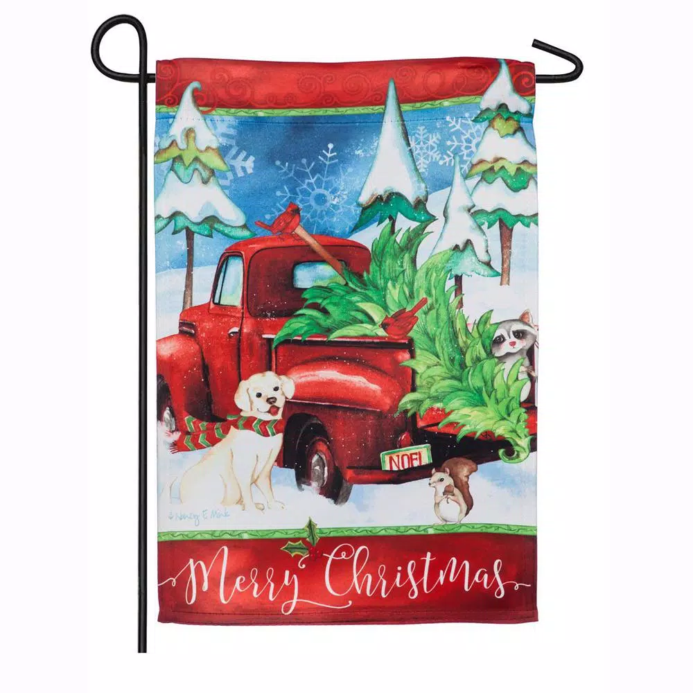 Outdoor Christmas Decorations Evergreen 18 In. X 12.5 In. Bringing Home The Tree Garden Suede Flag 1 Outdoor Christmas Decorations Evergreen 18 In. X 12.5 In. Bringing Home The Tree Garden Suede Flag