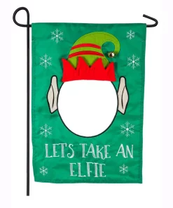 Outdoor Christmas Decorations Evergreen 18 In. X 12.5 In. Let’s Take An Elfie Garden Applique Flag
