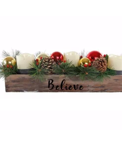 Indoor Christmas Decorations Flora Bunda 23 In. L Wood Believe Ledge Candle Holder With Pinecones And Berries