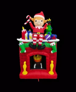 Outdoor Christmas Decorations Fraser Hill Farm 6.5 Ft. Pre-Lit Elf Sitting On A Fireplace Christmas Inflatable