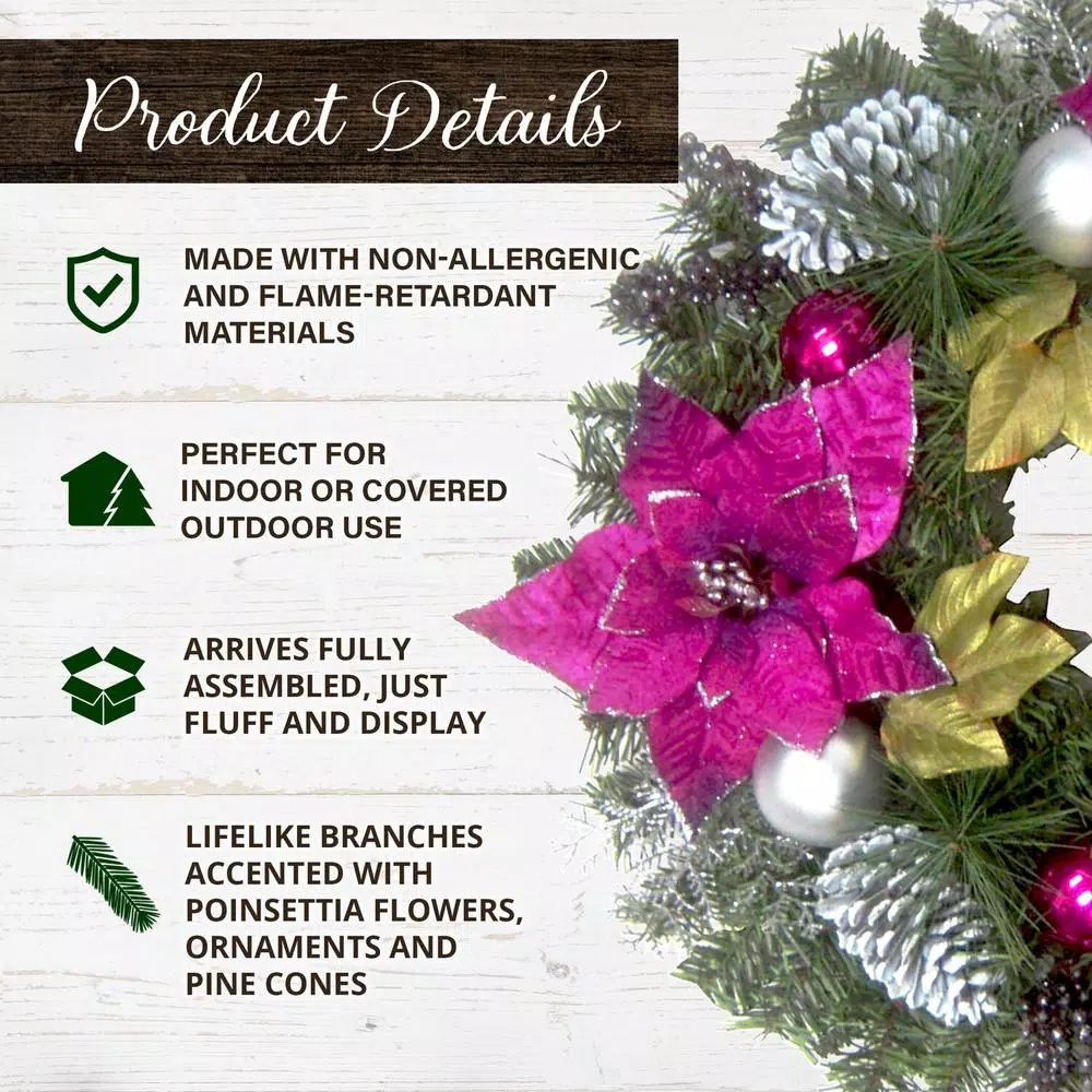 Christmas Greenery Fraser Hill Farm 24 In. Artificial Christmas Wreath With Faux Poinsettia Blooms, Ornaments, And Pinecones 3 Christmas Greenery Fraser Hill Farm 24 In. Artificial Christmas Wreath With Faux Poinsettia Blooms, Ornaments, And Pinecones - Image 3