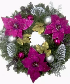 Christmas Greenery Fraser Hill Farm 24 In. Artificial Christmas Wreath With Faux Poinsettia Blooms, Ornaments, And Pinecones