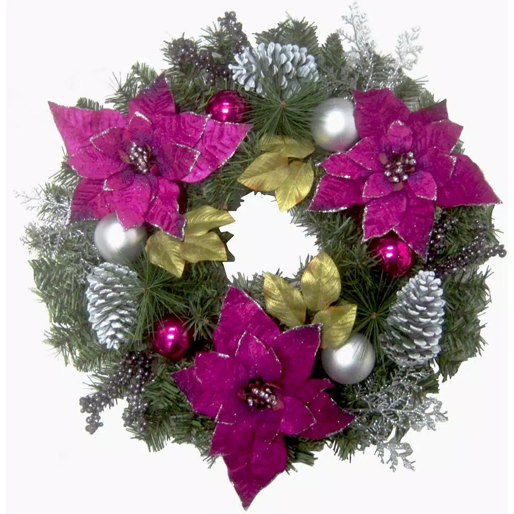 Christmas Greenery Fraser Hill Farm 24 In. Artificial Christmas Wreath With Faux Poinsettia Blooms, Ornaments, And Pinecones 2 Christmas Greenery Fraser Hill Farm 24 In. Artificial Christmas Wreath With Faux Poinsettia Blooms, Ornaments, And Pinecones - Image 2