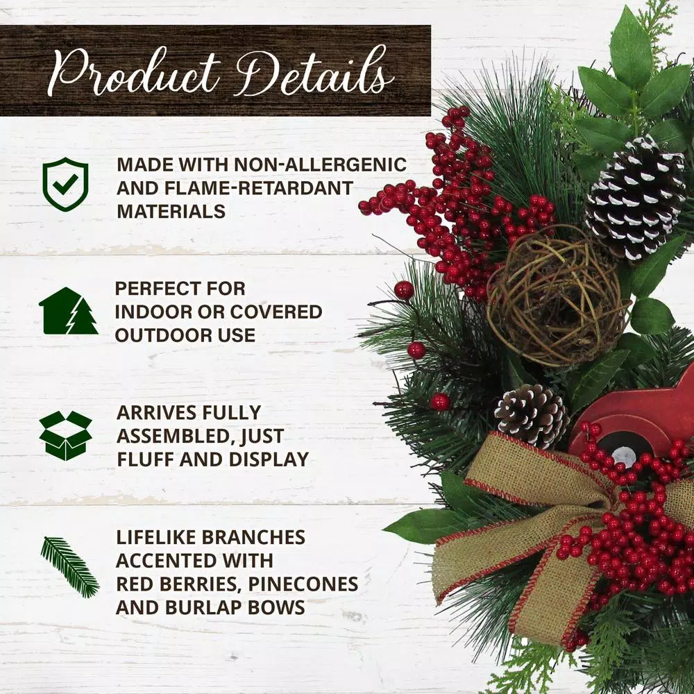 Christmas Greenery Fraser Hill Farm 24 In. Artificial Christmas Wreath With Pinecones, Burlap Bows And Wooden Truck Decoration 3 Christmas Greenery Fraser Hill Farm 24 In. Artificial Christmas Wreath With Pinecones, Burlap Bows And Wooden Truck Decoration - Image 3