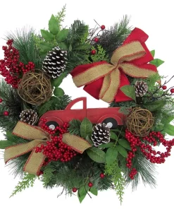 Christmas Greenery Fraser Hill Farm 24 In. Artificial Christmas Wreath With Pinecones, Burlap Bows And Wooden Truck Decoration