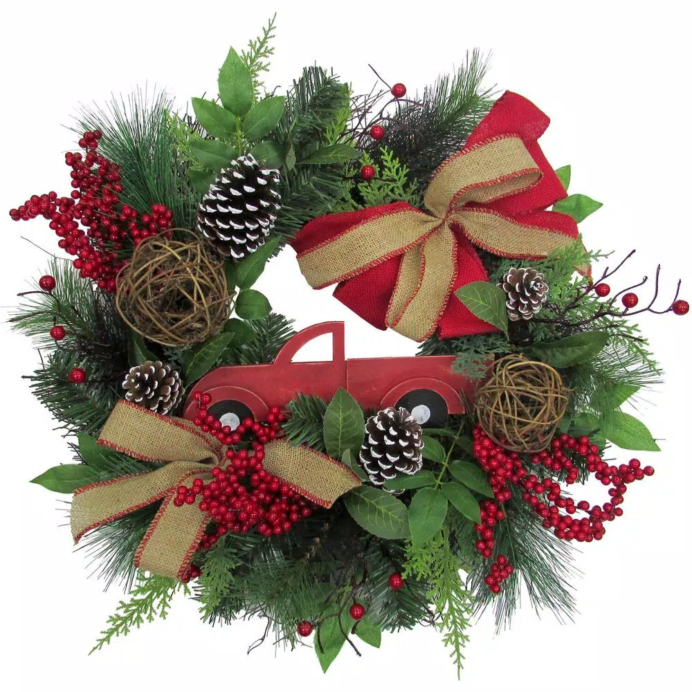 Christmas Greenery Fraser Hill Farm 24 In. Artificial Christmas Wreath With Pinecones, Burlap Bows And Wooden Truck Decoration 1 Christmas Greenery Fraser Hill Farm 24 In. Artificial Christmas Wreath With Pinecones, Burlap Bows And Wooden Truck Decoration
