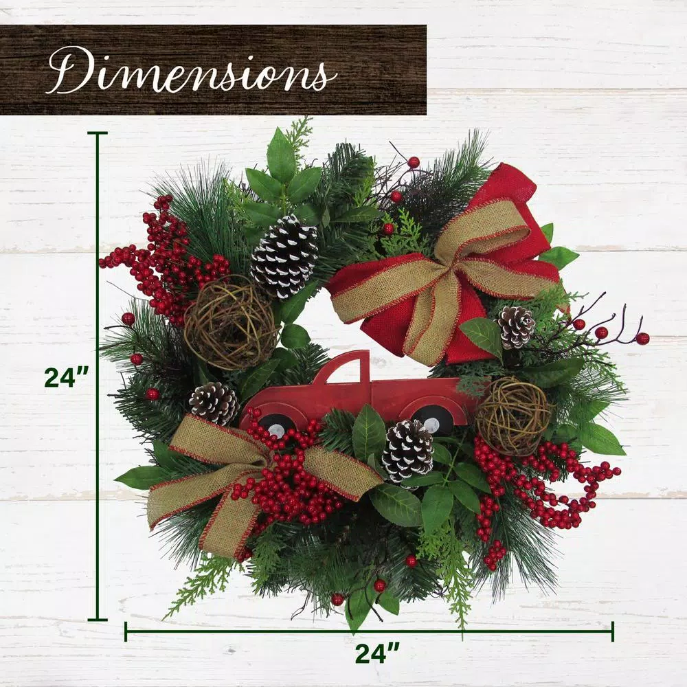 Christmas Greenery Fraser Hill Farm 24 In. Artificial Christmas Wreath With Pinecones, Burlap Bows And Wooden Truck Decoration 2 Christmas Greenery Fraser Hill Farm 24 In. Artificial Christmas Wreath With Pinecones, Burlap Bows And Wooden Truck Decoration - Image 2