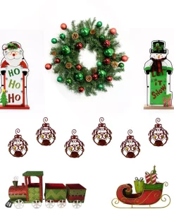 Christmas Greenery Fraser Hill Farm 24 In. Artificial Christmas Wreath With Train, Sleigh, Gift Box, Lighted HO HO HO & Let It Snow And Bejeweled Ornaments