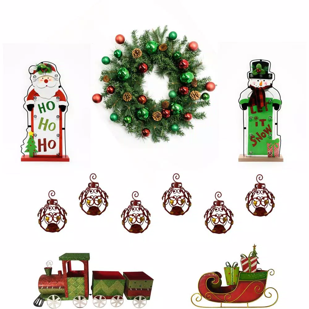 Christmas Greenery Fraser Hill Farm 24 In. Artificial Christmas Wreath With Train, Sleigh, Gift Box, Lighted HO HO HO & Let It Snow And Bejeweled Ornaments 1 Christmas Greenery Fraser Hill Farm 24 In. Artificial Christmas Wreath With Train, Sleigh, Gift Box, Lighted HO HO HO & Let It Snow And Bejeweled Ornaments