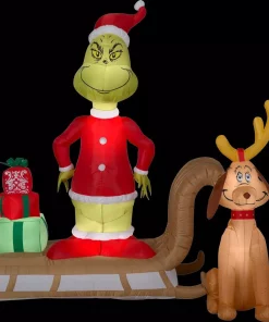 Outdoor Christmas Decorations Gemmy 6 Ft. Tall Airblown Inflatable Grinch And Max On Sled Scene
