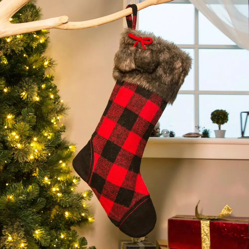 Indoor Christmas Decorations Glitzhome 21 In. H Black/Red Polyester Fur Buffalo Plaid Christmas Stocking 6 Indoor Christmas Decorations Glitzhome 21 In. H Black/Red Polyester Fur Buffalo Plaid Christmas Stocking - Image 6