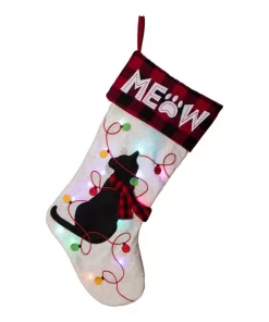 Indoor Christmas Decorations Glitzhome 21 In. L LED Embroidered Linen Christmas Stocking – Cat