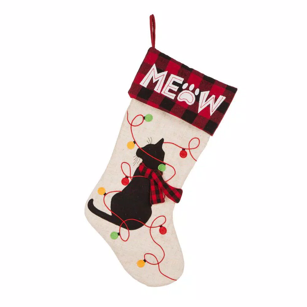 Indoor Christmas Decorations Glitzhome 21 In. L LED Embroidered Linen Christmas Stocking – Cat 2 Indoor Christmas Decorations Glitzhome 21 In. L LED Embroidered Linen Christmas Stocking – Cat - Image 2