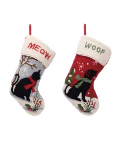 Indoor Christmas Decorations Glitzhome 21 In. Polyester And Acrylic Hooked Cat And Dog Stocking (2-Pack)