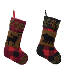 Indoor Christmas Decorations Glitzhome 19 In. Acrylic Plaid Stocking With Rug Hooked Reindeer And Bear (Set Of 2)