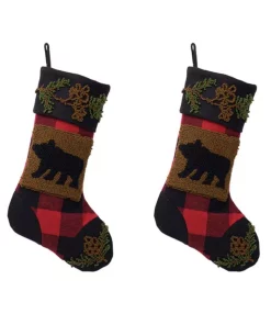 Indoor Christmas Decorations Glitzhome Plaid Stocking With Rug Hooked (Bear) 2-Pack