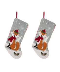 Indoor Christmas Decorations Glitzhome 19 In. Polyester Fox Hooked Stocking (2-Pack)