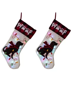 Indoor Christmas Decorations Glitzhome 21 In. Polyester LED Embroidered Linen Christmas Dog Stocking (2-Pack)