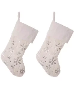 Indoor Christmas Decorations Glitzhome 21 In. H Polyester White Plush Stocking With Snowflake Christmas (2-Pack)