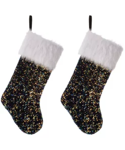 Indoor Christmas Decorations Glitzhome 21 In. H Polyester Navy Blue Sequin Christmas Stocking (2-Pack)