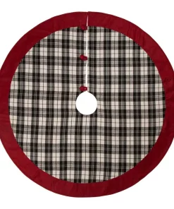 Christmas Tree Decorations Glitzhome 48 In. D Black And White Plaid Fabric Christmas Tree Skirt With Red Trim