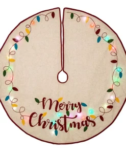 Christmas Tree Decorations Glitzhome 48 In. D LED Embroidered Linen Christmas Tree Skirt – Merry Christmas
