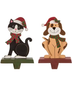 Indoor Christmas Decorations Glitzhome 5.00 In. L X 3.82 In. W X 7.76 In. H Wooden/Metal Cat And Dog Stocking Holder Set Of 2
