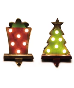 Indoor Christmas Decorations Glitzhome 4.92 In. L X 3.54 In. W X 7.48 In. H Marquee LED Tree And Gift Box Stocking Holder Set Of 2
