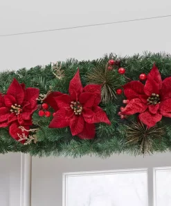 Christmas Greenery Home Accents Holiday 17 Ft. Burgundy Poinsettia Mixed Pine Garland With Berries And Gold Glitter Cedar -Christmas Tree Decorations Shop home accents holiday christmas garland 17202014hd 1d 1000